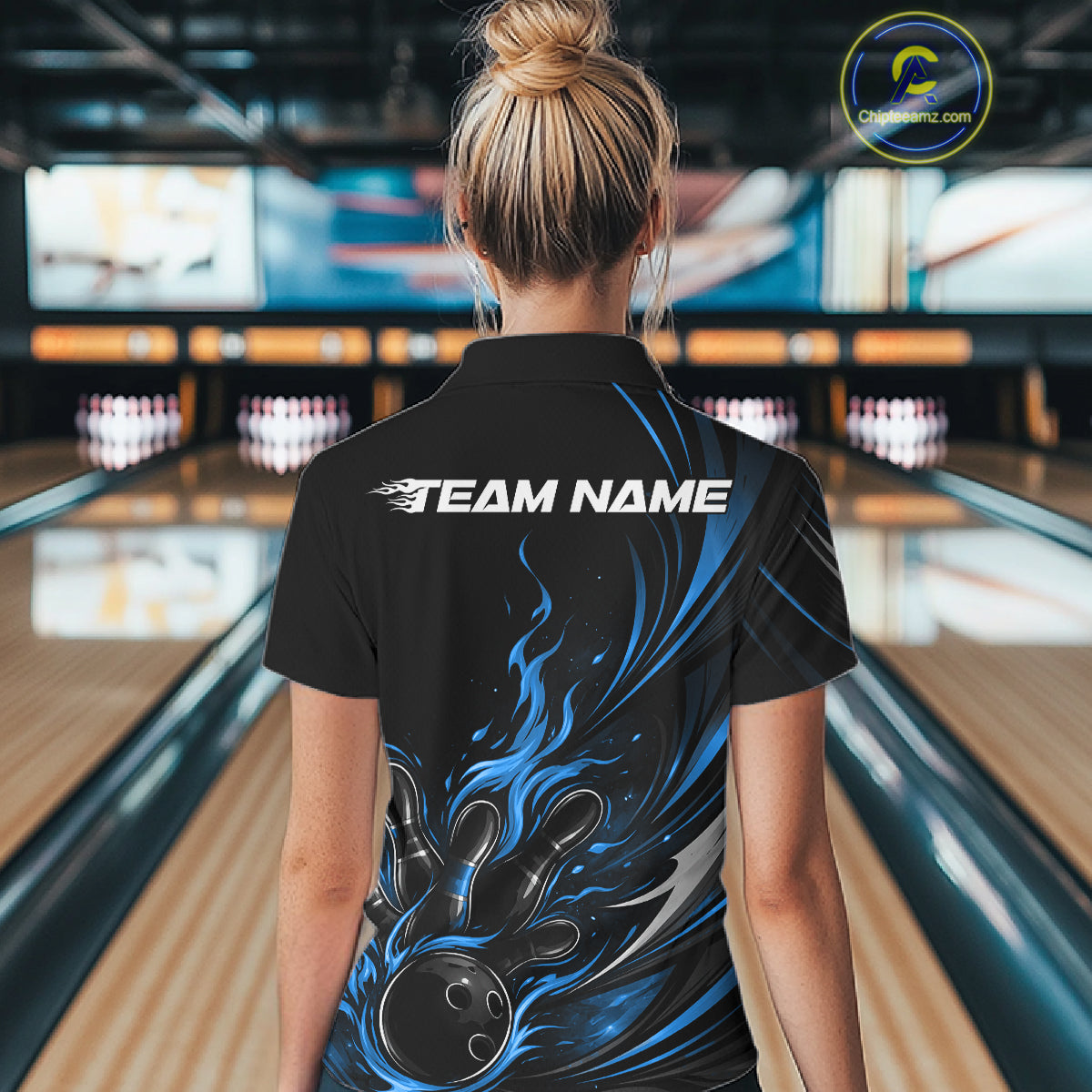 Custom Black And Blue Fire Flame Bowling Women Jerseys, Bowling League Polo Shirt IPHW10309