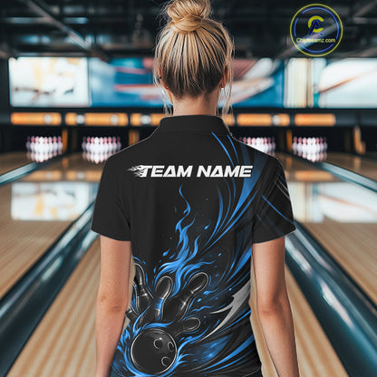 Custom Black And Blue Fire Flame Bowling Women Jerseys, Bowling League Polo Shirt IPHW10309
