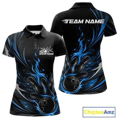 Custom Black And Blue Fire Flame Bowling Women Jerseys, Bowling League Polo Shirt IPHW10309