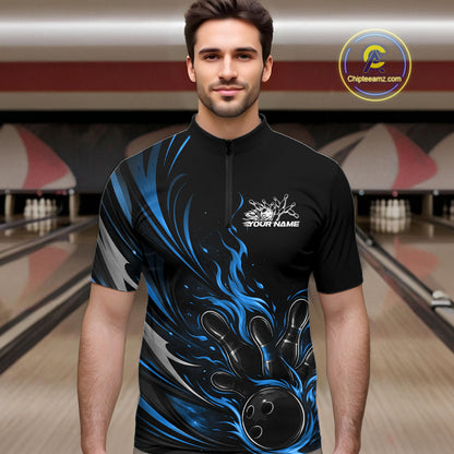 Custom Black And Blue Fire Flame Bowling Men Jerseys, Bowling League Quarter-Zip Shirt IPHW10309