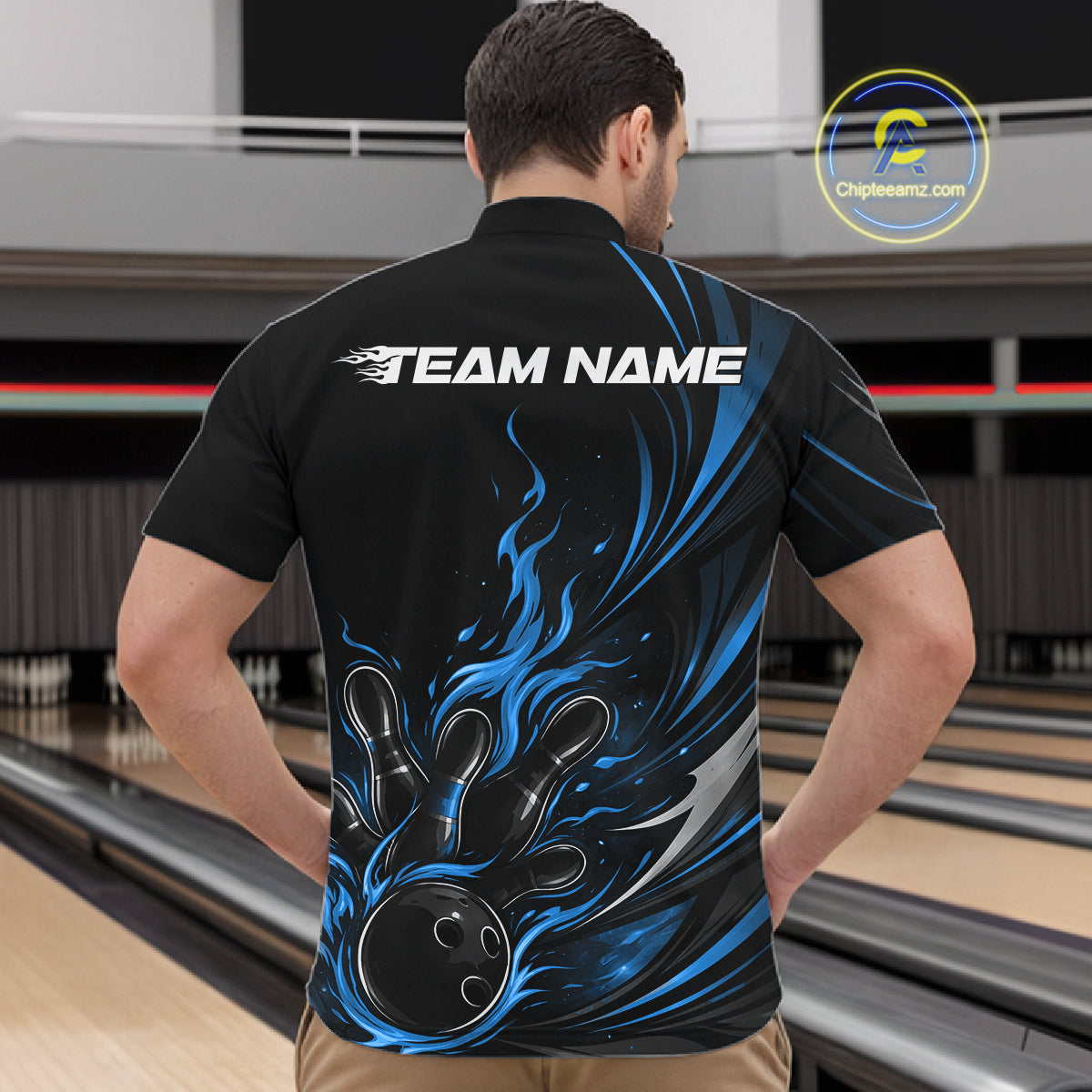 Custom Black And Blue Fire Flame Bowling Men Jerseys, Bowling League Quarter-Zip Shirt IPHW10309