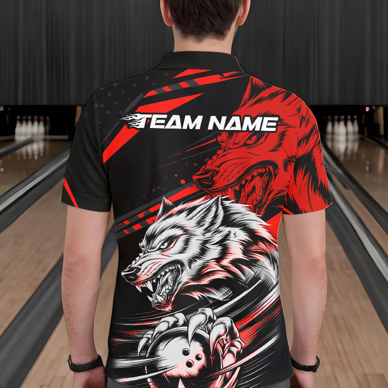 Custom Black And Red Wolf Bowling Men Polo Shirts, Wolf Bowling League Shirt Team Uniform IPHW8714