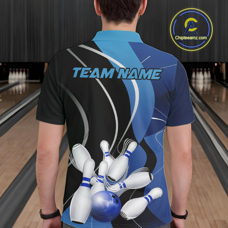Custom Black And Blue Bowling Jerseys, Men Bowling Polo Shirt Team Uniform IPHW9226