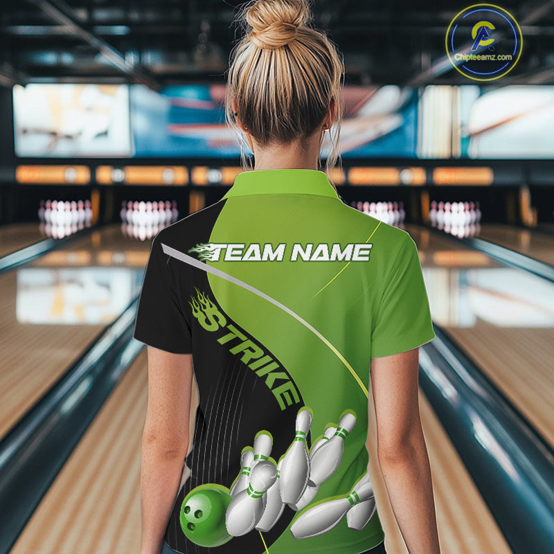 Custom Black And Green Strike Bowling Quarter-Zip Shirts For Women, Team Bowler Outfit IPHW9228