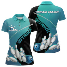Load image into Gallery viewer, Custom Black And Blue Strike Bowling Polo Shirts For Women, Bowler Outfit Team Jerseys IPHW9229