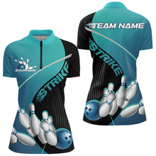 Load image into Gallery viewer, Custom Black And Blue Strike Bowling Quarter-Zip Shirts For Women, Team Bowler Jerseys IPHW9229