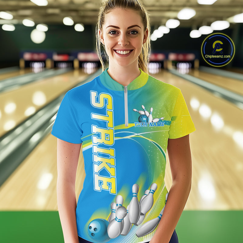 Custom Blue And Yellow Strike Bowling Quarter-Zip Shirts For Women, Bowling Team Jersey IPHW9233