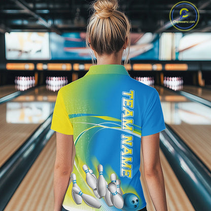 Custom Blue And Yellow Strike Bowling Quarter-Zip Shirts For Women, Bowling Team Jersey IPHW9233