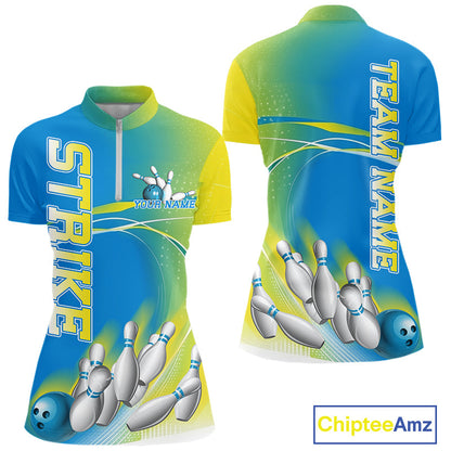 Custom Blue And Yellow Strike Bowling Quarter-Zip Shirts For Women, Bowling Team Jersey IPHW9233