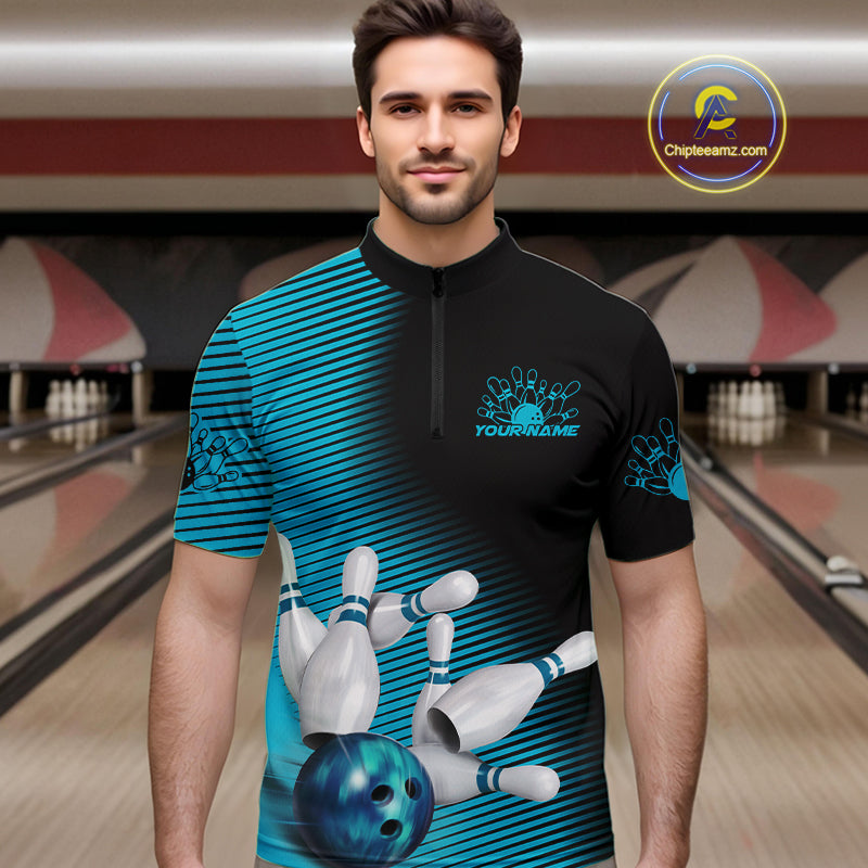 Custom Black And Blue Bowling Quarter-Zip Shirts For Men, Blue Bowling Jerseys IPHW9401