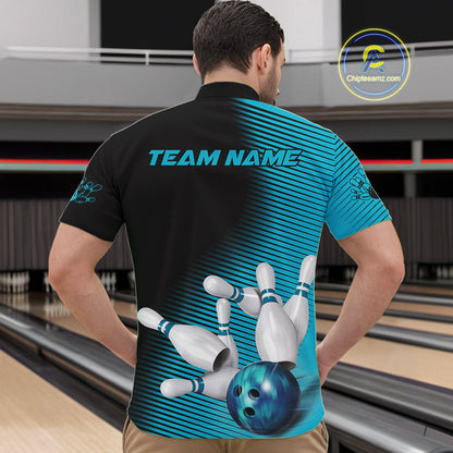 Custom Black And Blue Bowling Quarter-Zip Shirts For Men, Blue Bowling Jerseys IPHW9401