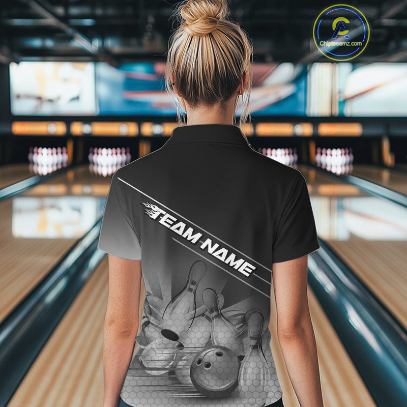 Custom Black And White Bowling Tournament Polo Shirts For Women, Bowling Team Shirt IPHW9405