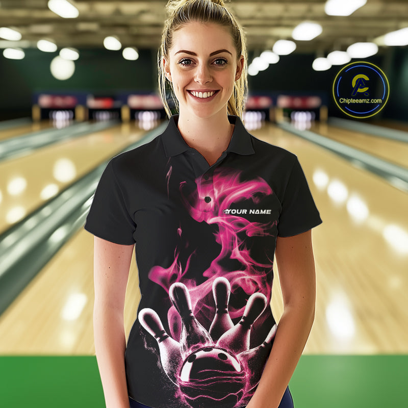 Custom Pink Smoke Bowling Polo Team Shirts For Women, Flame Bowling League Shirt IPHW9564