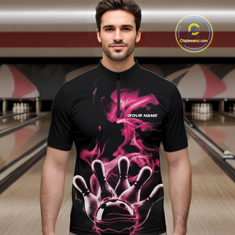 Custom Pink Smoke Bowling Quarter-Zip Team Shirts For Men, Flame Bowling League Shirt IPHW9564