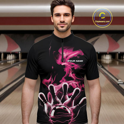 Custom Pink Smoke Bowling Quarter-Zip Team Shirts For Men, Flame Bowling League Shirt IPHW9564