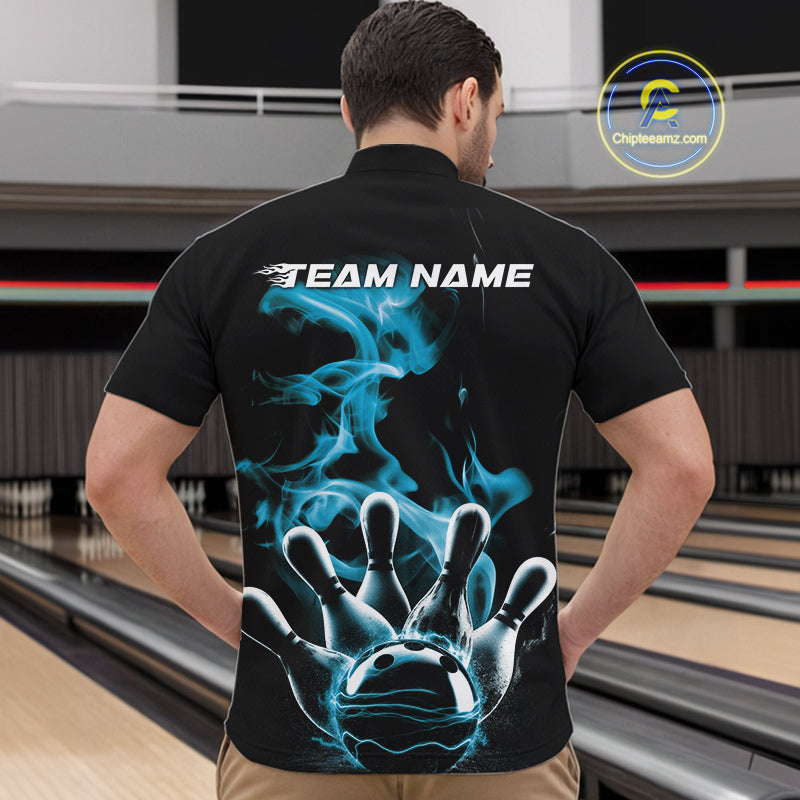 Custom Blue Smoke Bowling Quarter-Zip Team Shirts For Men, Flame Bowling League Shirt IPHW9565