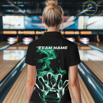 Custom Green Smoke Bowling Quarter-Zip Team Shirts For Women, Flame Bowling League Shirt IPHW9566