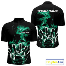 Load image into Gallery viewer, Custom Green Smoke Bowling Quarter-Zip Team Shirts For Men, Flame Bowling League Shirt IPHW9566