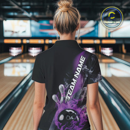Custom Purple Flame Strike Bowling Team Polo Shirts For Women, Fire Bowling Jerseys IPHW9571