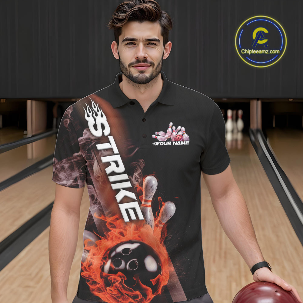 Custom Orange Flame Strike Bowling Team Polo Shirts For Men, Fire Bowling Jerseys IPHW9574