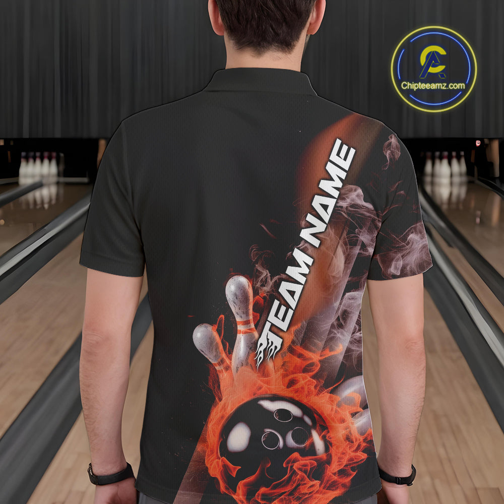 Custom Orange Flame Strike Bowling Team Polo Shirts For Men, Fire Bowling Jerseys IPHW9574
