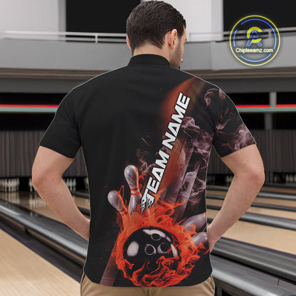Custom Orange Flame Strike Bowling Team Quarter-Zip Shirts For Men, Fire Bowling Jerseys IPHW9574
