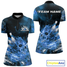 Load image into Gallery viewer, Custom Blue Fire Flame Skull Bowling Women Quarter-Zip Shirt, Halloween Bowling Outfits IPHW9576