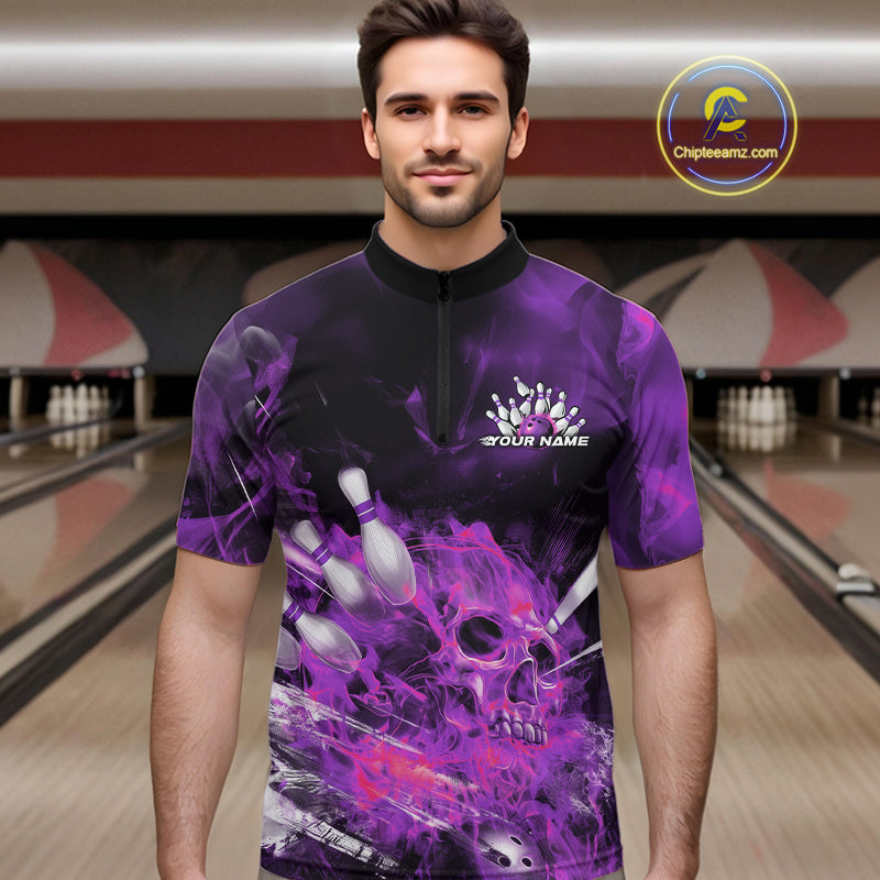 Custom Purple Fire Flame Skull Bowling Quarter-Zip Shirts For Men, Halloween Bowling Outfits IPHW9578