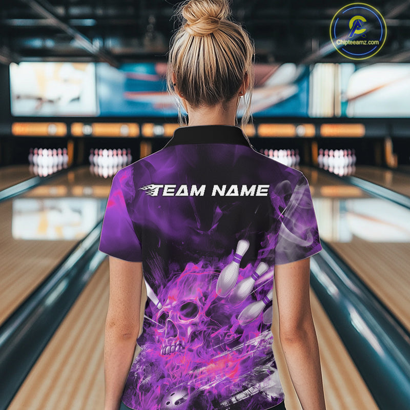 Custom Purple Fire Flame Skull Bowling Women Quarter-Zip Shirt, Halloween Bowling Outfits IPHW9578