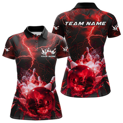 Custom Red Thunder Lightning Bowling Team Polo Shirts For Women, Red Bowling Jerseys IPHW9581