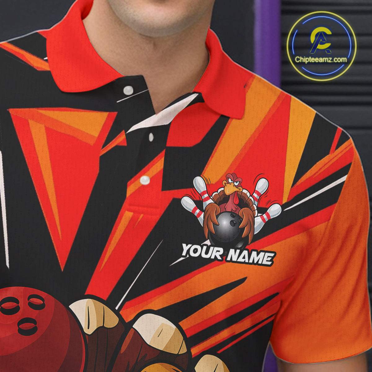Custom Funny Turkey Bowling Shirts For Men, Orange Thanksgiving Bowling Shirt Team Uniform IPHW7587