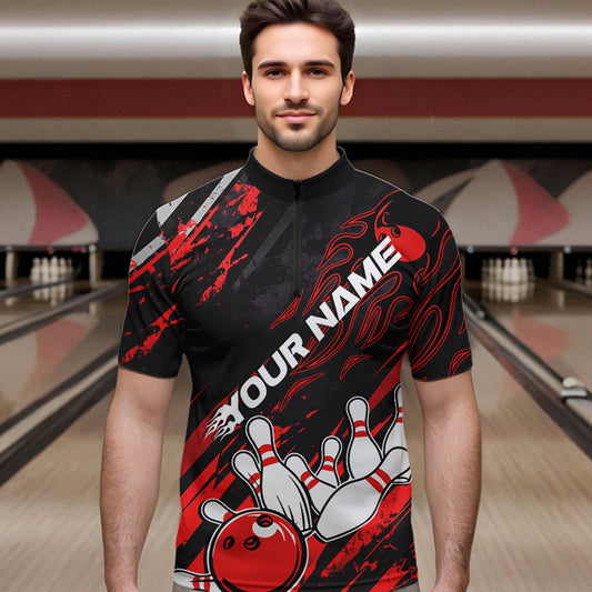 Grunge Black And Red Custom Flame Bowling Team Quarter-Zip Shirts For Men, Bowling League Shirt IPHW8524