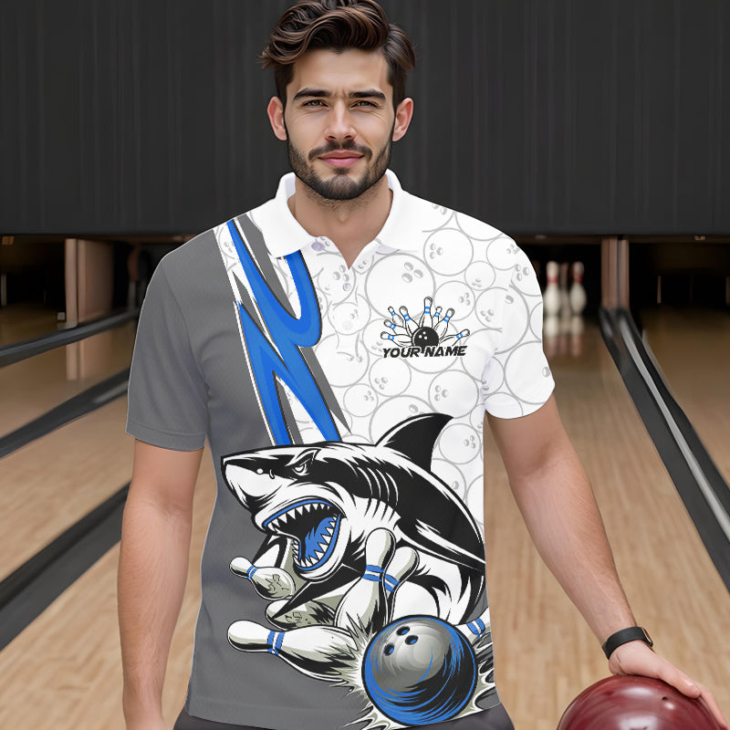Custom Blue Shark Bowling Polo Shirts For Men, Shark Bowling Team Tournament Outfits IPHW8729