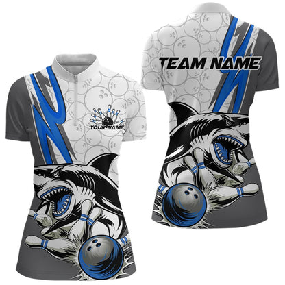 Custom Blue Shark Bowling Women Quarter-Zip Shirts, Shark Bowling Team Tournament Outfits IPHW8729