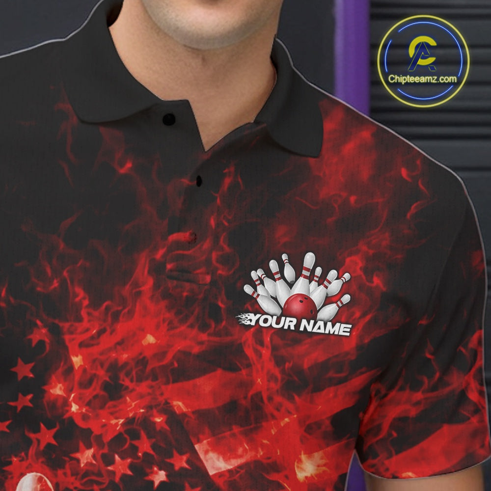 Close-up left chest graphic on a black and red bowling polo featuring flaming bowling ball and pin artwork.