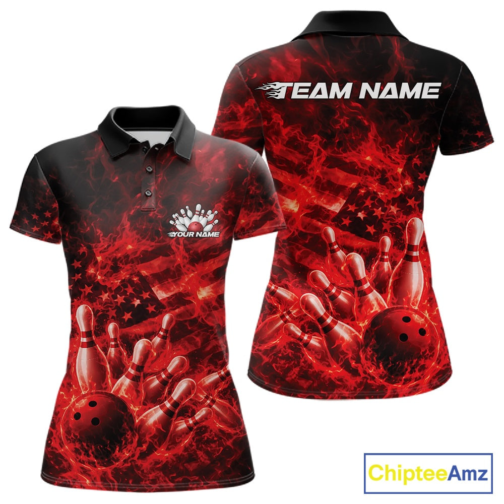 Front and back womens black and red bowling polo featuring a bowling ball crashing through pins with flame and flag artwork.
