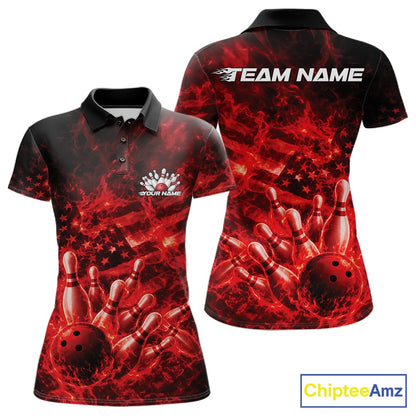 Front and back womens black and red bowling polo featuring a bowling ball crashing through pins with flame and flag artwork.