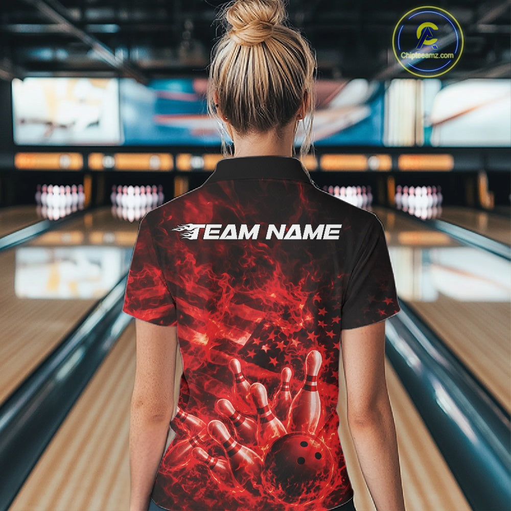 Back view of a womens black and red bowling polo showcasing a bowling strike scene with flames and patriotic accents.