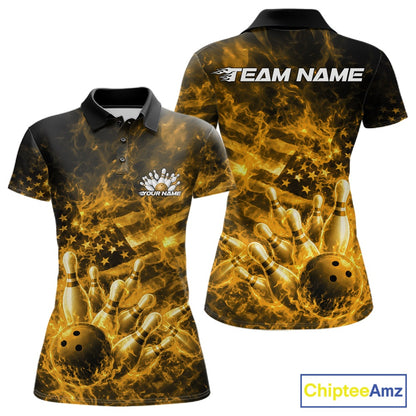 Front and back womens black and yellow bowling polo featuring a bowling ball smashing through pins with flames and flag-inspired graphics.