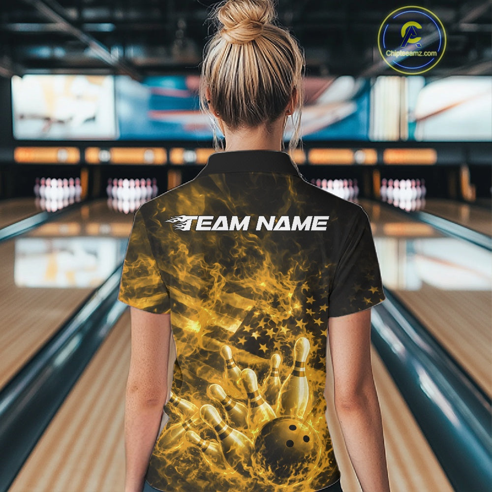 Back view of a womens black and yellow bowling polo displaying blazing bowling graphics and American flag details.