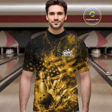 Load image into Gallery viewer, Custom Yellow Fire Patriotic Bowling Men Quarter-Zip Shirt, American Flag Flame Bowling Jersey IPHW11108