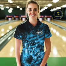 Load image into Gallery viewer, Custom Blue Fire Patriotic Bowling Women Polo Shirt, American Flag Flame Bowling Jersey IPHW11109