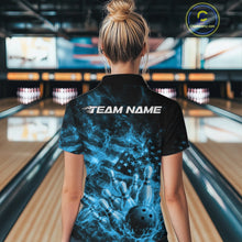 Load image into Gallery viewer, Custom Blue Fire Patriotic Bowling Women Polo Shirt, American Flag Flame Bowling Jersey IPHW11109