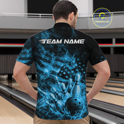 Front view of a black and blue quarter-zip showcasing a bowling ball striking pins with flames and American flag elements.