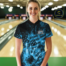 Load image into Gallery viewer, Custom Blue Fire Patriotic Bowling Women Shirt, American Flag Flame Bowling Jersey IPHW11109