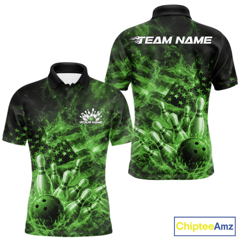 Front and back mens black and green bowling polo featuring a bowling ball crashing through pins with flames and American flag background.