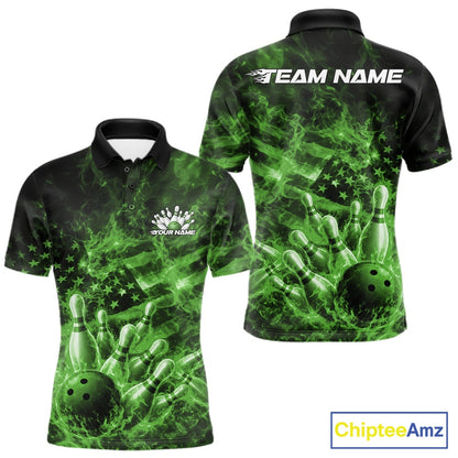 Front and back mens black and green bowling polo featuring a bowling ball crashing through pins with flames and American flag background.