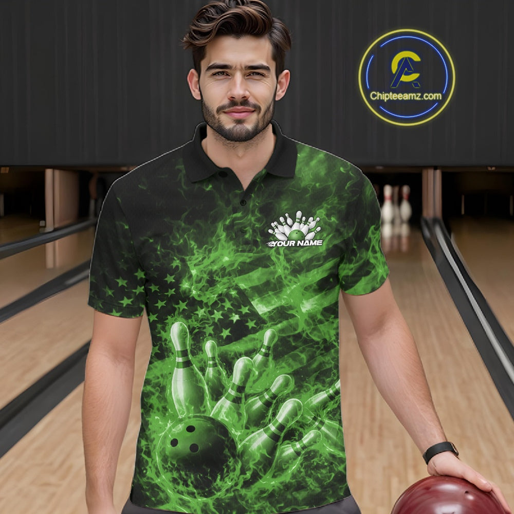 Male model wearing a black and green bowling polo in a bowling lane with fiery bowling strike artwork and patriotic accents.