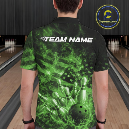 Back view of a mens black and green bowling polo displaying bowling pins, flames, and flag-inspired graphics.