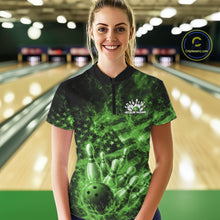 Load image into Gallery viewer, Custom Green Fire Patriotic Bowling Women Shirt, American Flag Flame Bowling Jersey IPHW11111